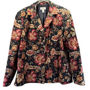 Talbots Women's Blazer Size‎ 14 Black Colorful Floral Lined Long Sleeve Cotton